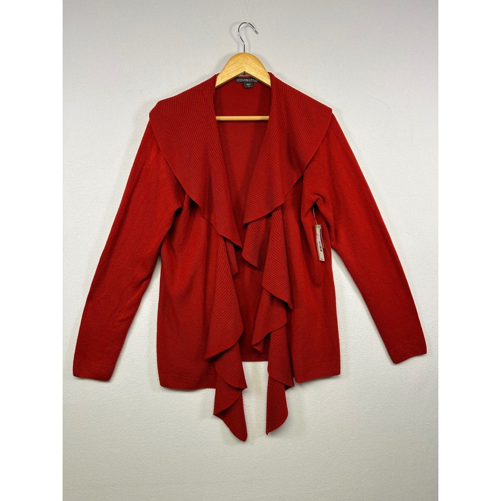 Romantic Covington Women L Red Ruffle Shawl Collar Open Front Knit Cardigan NEW